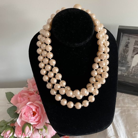 Vintage 1960s Twisted Strand Faux Pearl Necklace, 3 Strands, Pearl Button Clasp - Picture 1 of 11